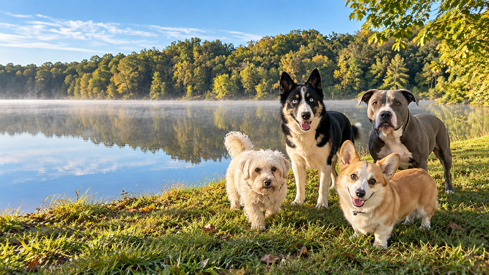 An imagined scene of Brad’s four dogs at the Peaceful Point lake, based on his photographs